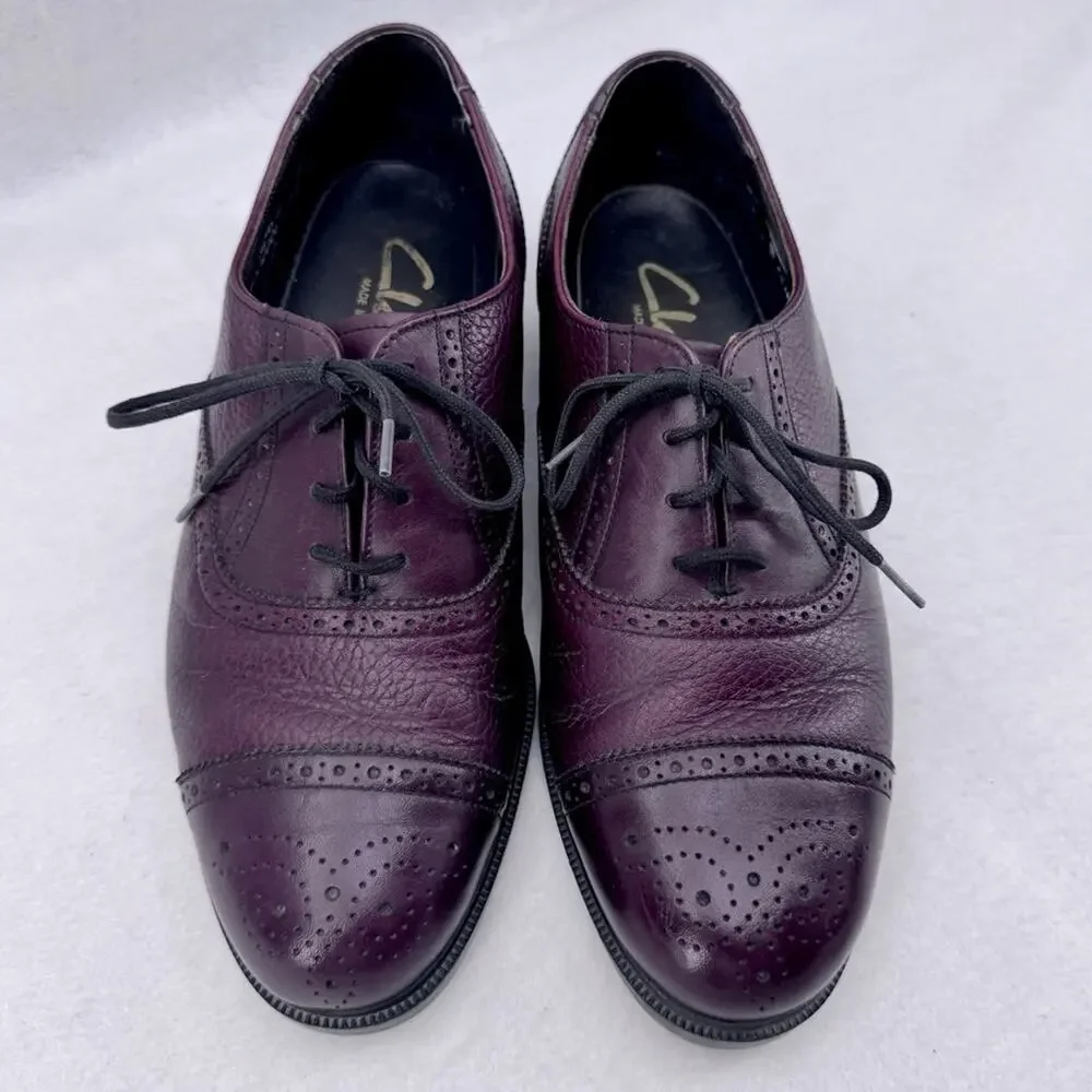 EUC Clarks Stanford Brogue Oxford Leather Cap Toe Shoes Dark Burgundy Men’s sz 7